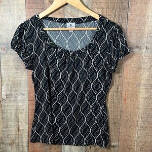 Worthington Stretch Puff Sleeve Medium Black White Geometric Career Blouse Top